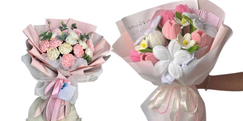 Các chi tiết nhỏ trên bó hoa handmade